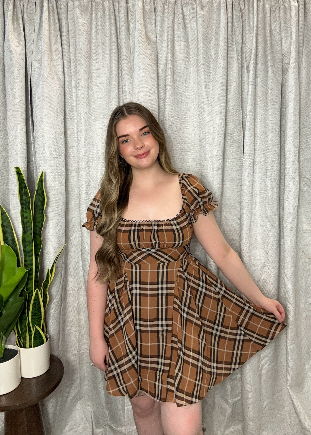 addison mini dress Addison Puff Sleeve Plaid Mini Dress