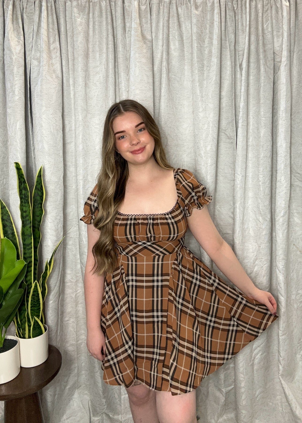Addison Puff Sleeve Plaid Mini Dress Addison Puff Sleeve Plaid Mini Dress