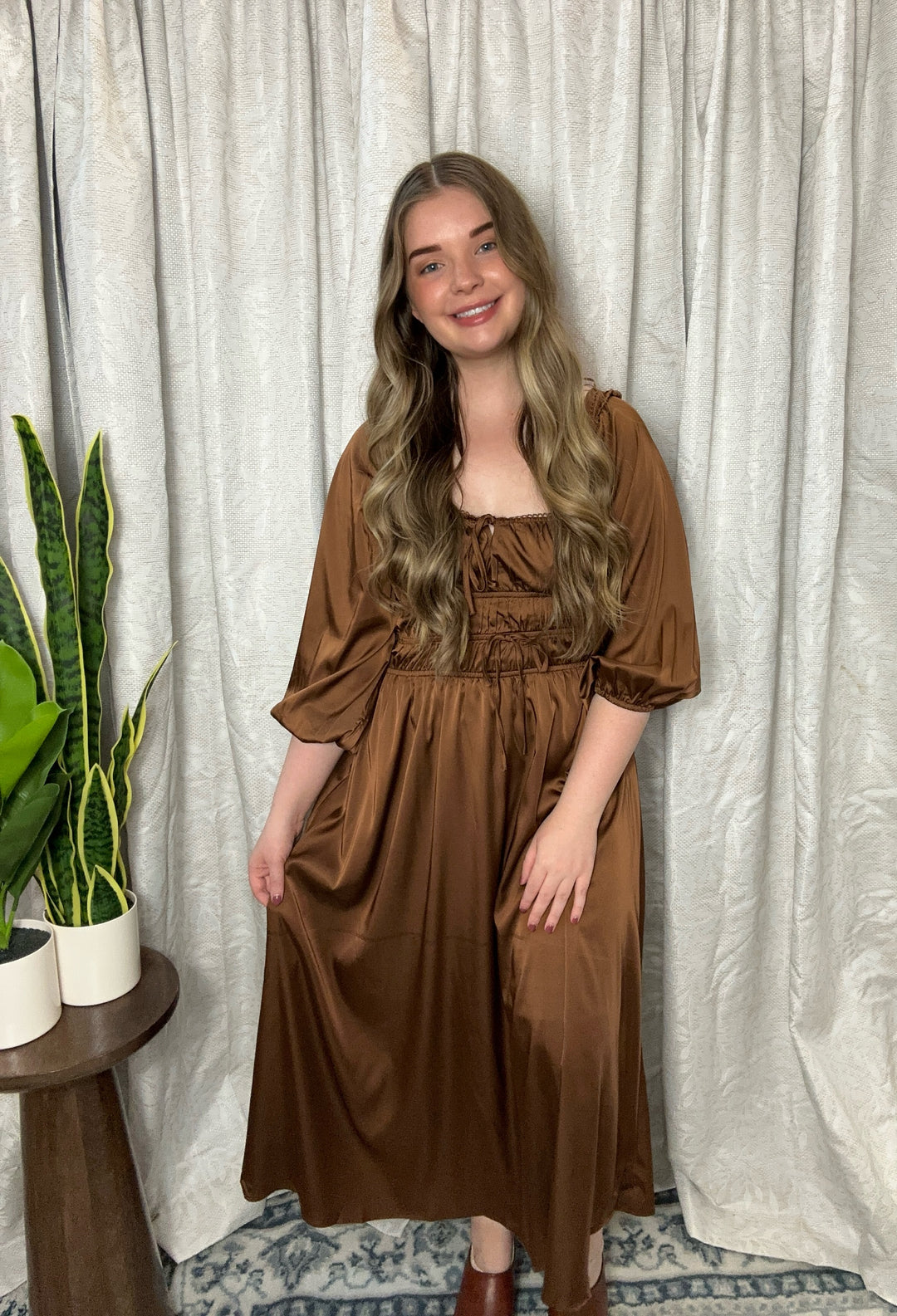 brown satin long sleeve mini dress Women's Mocha Satin Asymmetric Long Sleeve Mini Shift Dress